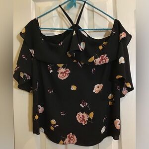 1. State Black Halter Neck Flounce Sleeve Floral Top Size M